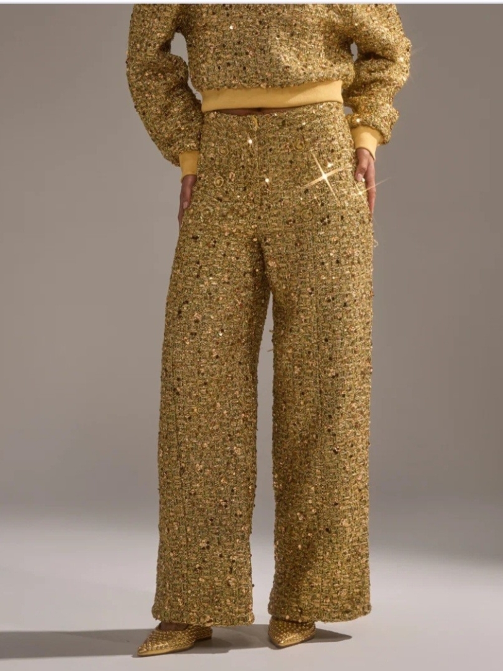 Gold Tweed Wide-Leg Pants